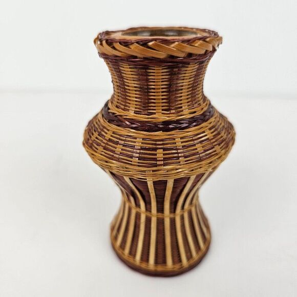 Shanghai Handicrafts Miniature Vase Woven Wicker Rattan Bamboo Basket Vtg Label - Picture 2 of 9